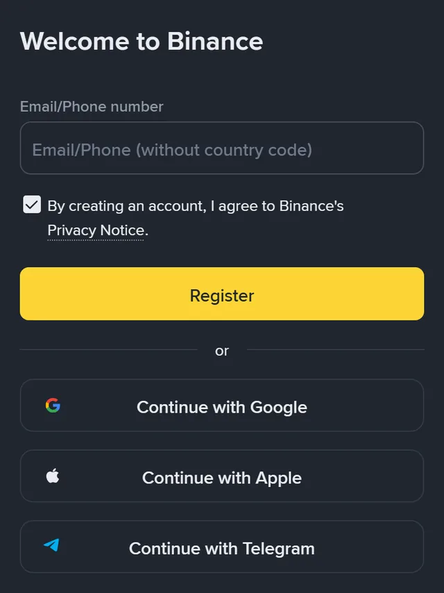 Binance sign-up page: the heading “Welcome to Binance”, one “Email/Phone (without country code)” field, a ticked “By creating an account, I agree to Binance's Privacy Notice” box, a yellow “Register” button, then “Continue with Google”, “Continue with Apple” and “Continue with Telegram” buttons